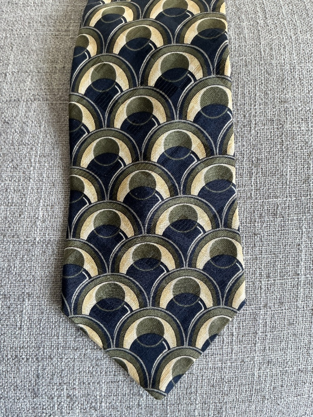 Courreges Homme 100% Italian Silk Tie Deco Arches Yellow Green Navy Made USA